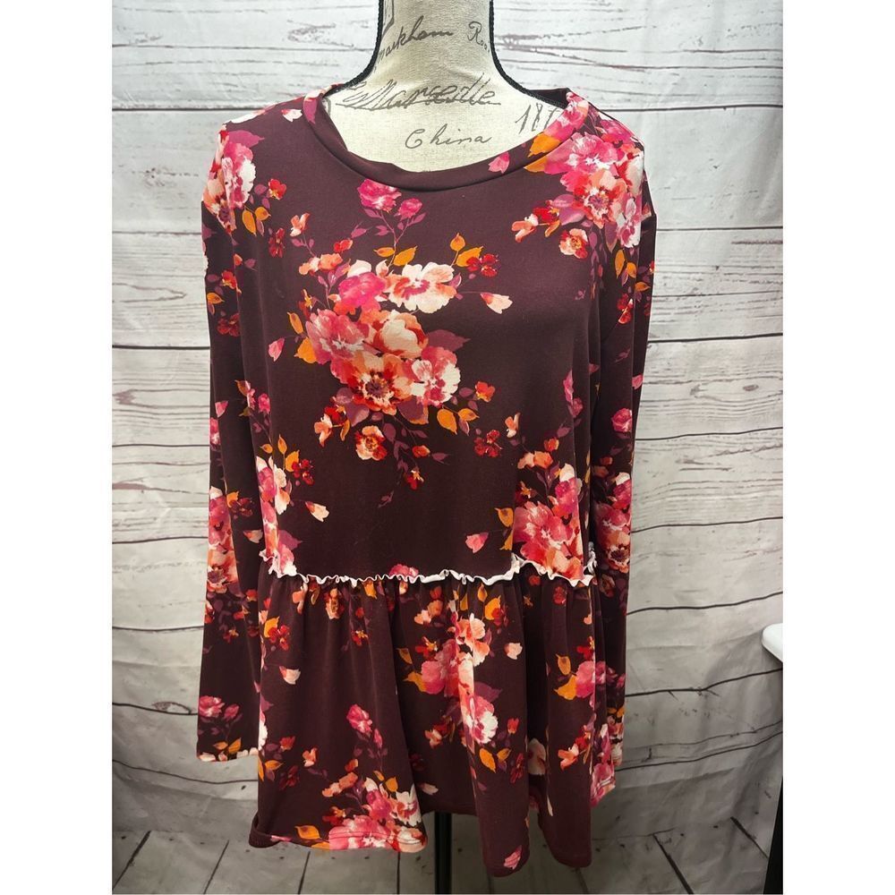 Agnes & Dora Burgundy Floral Peplum Babydoll Tunic Top XL Long Sleeve 1047AT‎